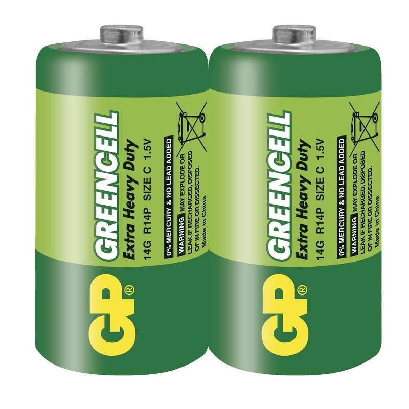 GP zinko-chloridová baterie 1,5V C (R14) Greencell 2ks fólie 1012302000