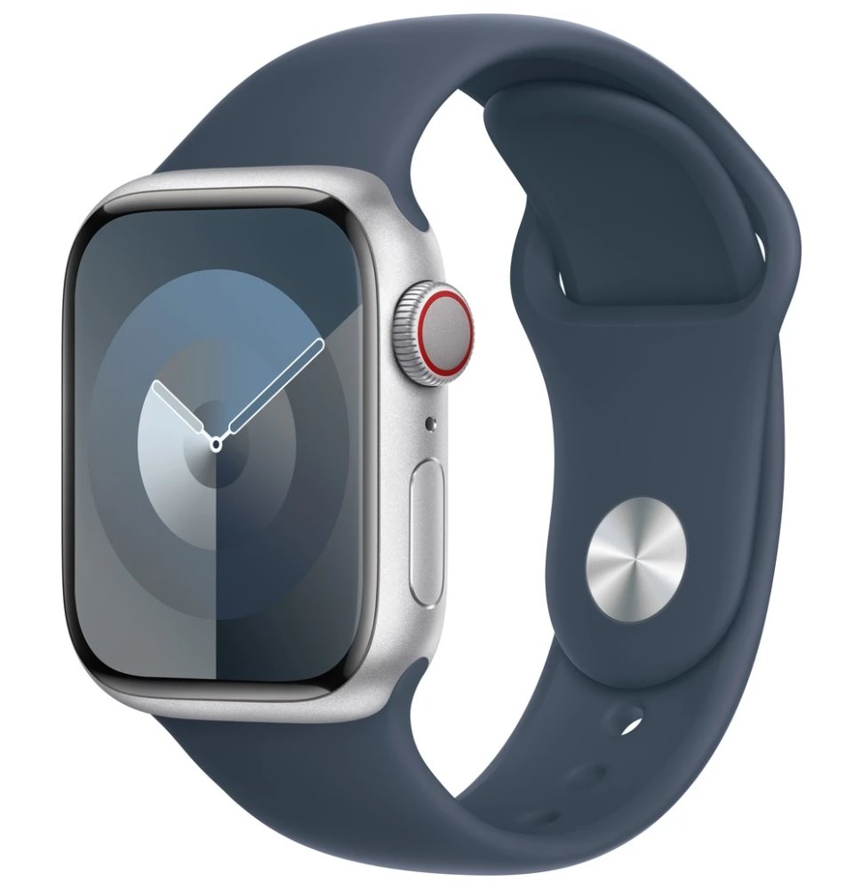 Apple Watch Series 9 GPS+Cellular, 41mm Silver Aluminium Case with Storm Blue Sport Band - M/L MRHW3QC/A