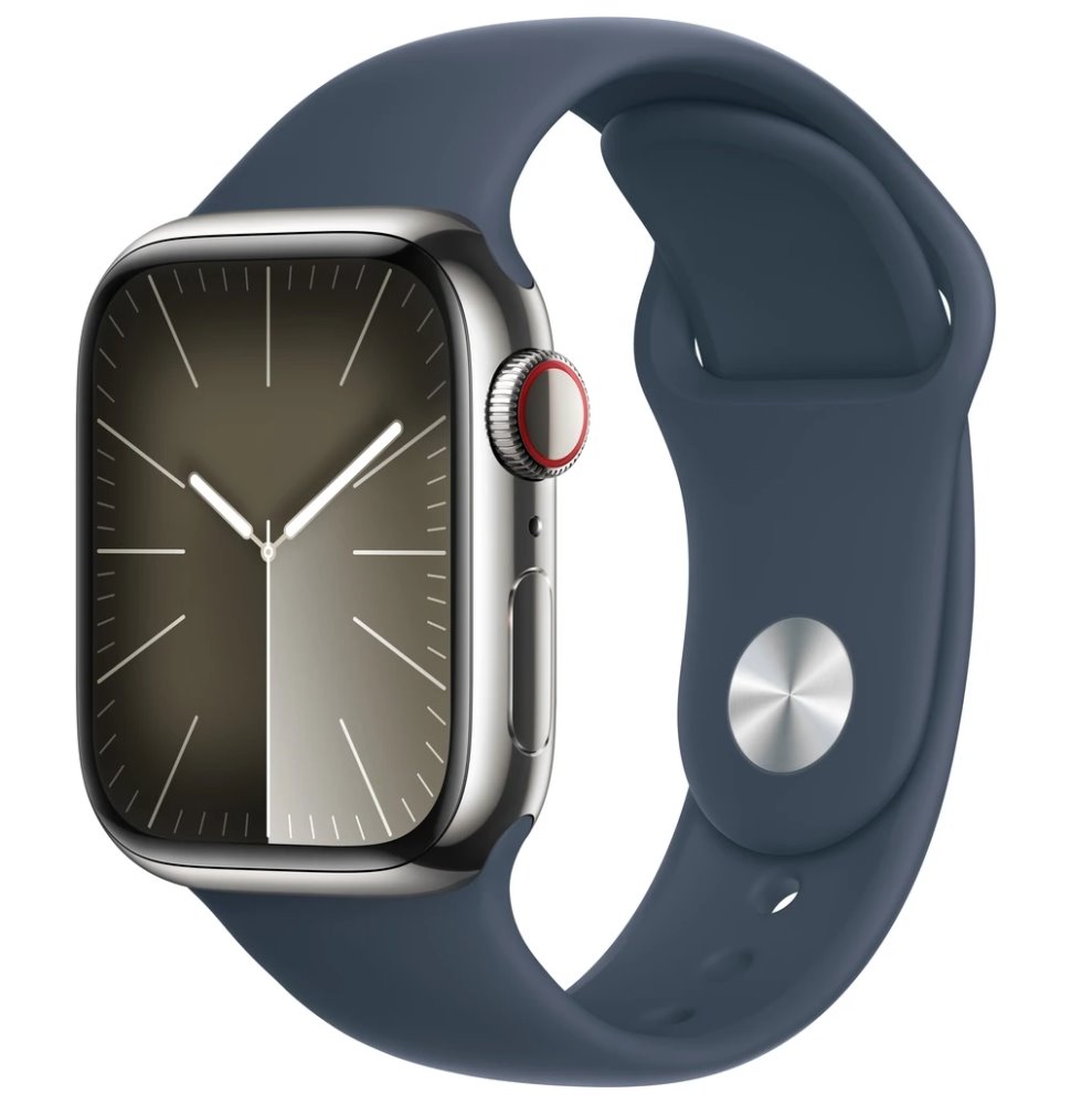 Apple Watch Series 9 GPS+Cellular, 41mm Silver Stainless Steel Case with Storm Blue Sport Band - M/L MRJ33QC/A