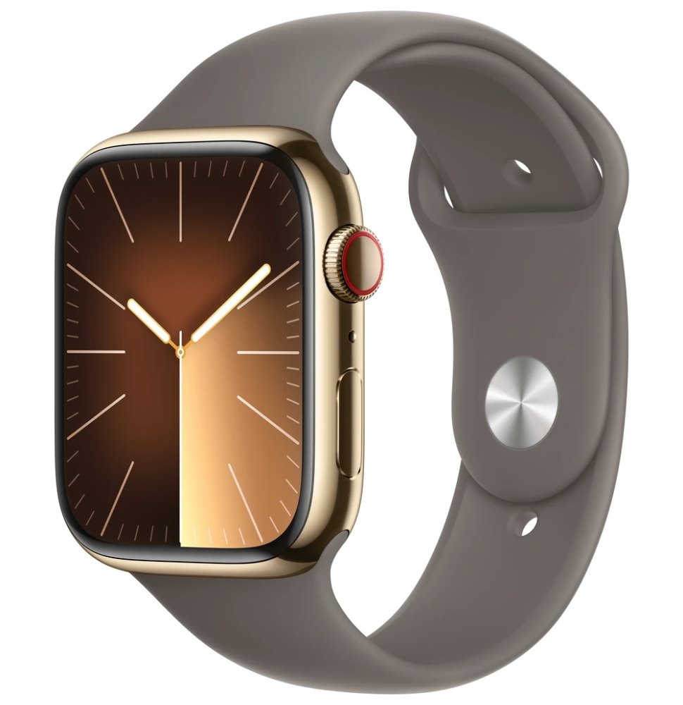 Apple Watch Series 9 GPS+Cellular, 45mm Gold Stainless Steel Case with Clay Sport Band - M/L MRMT3QC/A