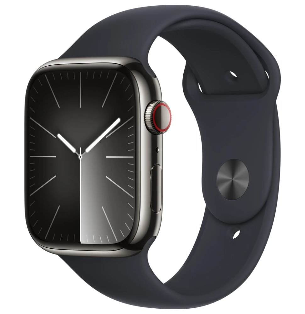 Apple Watch Series 9 GPS+Cellular, 45mm Graphite Stainless Steel Case with Midnight Sport Band - S/M MRMV3QC/A