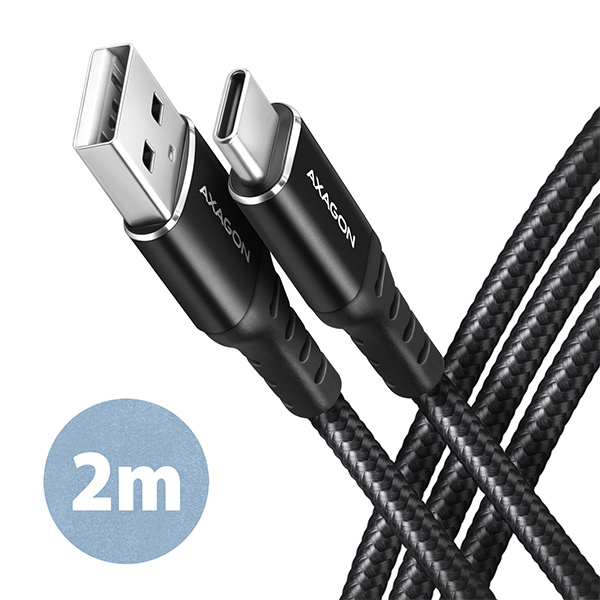 Axagon BUCM-AM20AB, HQ kabel USB-C - USB-A, 2m, USB 2.0, 3A, ALU, oplet, černý
