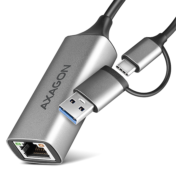 Axagon ADE-TXCA, USB-C+USB-A 3.2 Gen 1 - Gigabit Ethernet síťová karta, Asix AX88179, auto instal