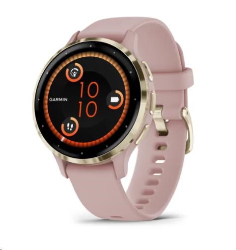 Garmin Venu 3S, Nerezová luneta Soft Gold, pouzdro Dust Rose, silikonový řemínek 010-02785-03