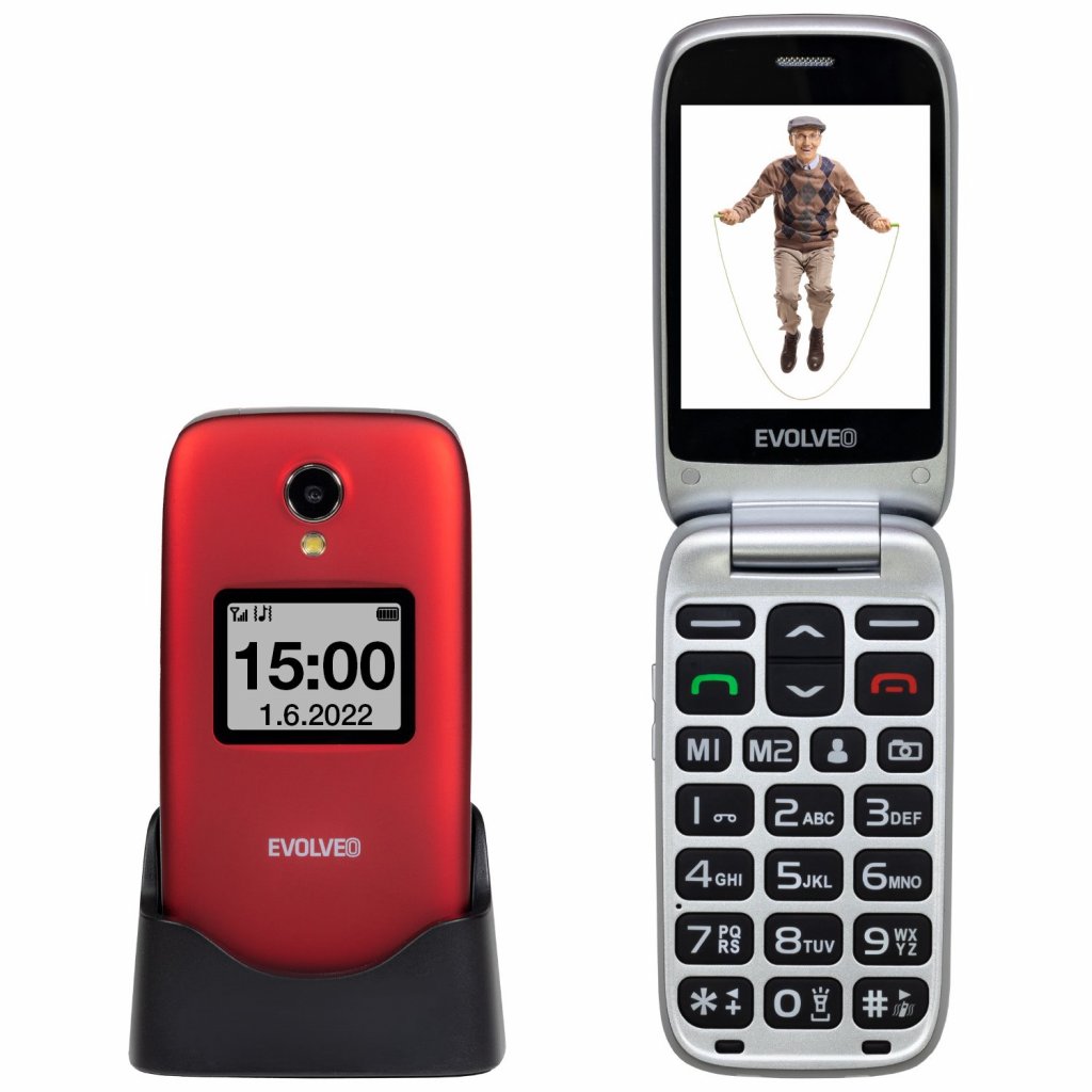 Evolveo EasyPhone FS, vyklápěcí mobilní telefon 2.8'' pro seniory s nabíjecím stojánkem (červená barva) EP-771-FSR