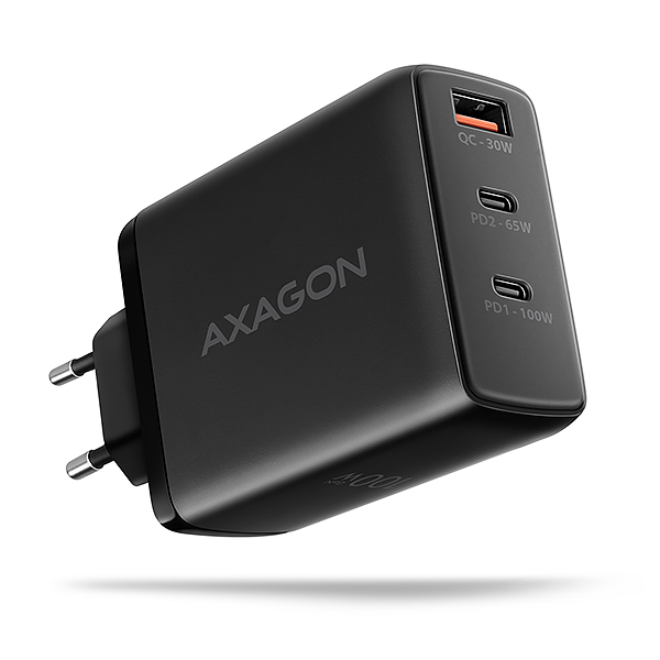 Axagon ACU-DPQ100, GaN nabíječka do sítě 100W, 3x port (USB-A+dual USB-C), PD3.0/PPS/QC4+/Apple