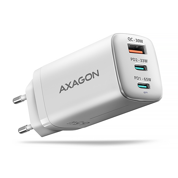Axagon ACU-DPQ65W, GaN nabíječka do sítě 65W, 3x port (USB-A+dual USB-C), PD3.0/QC4+/PPS/Apple