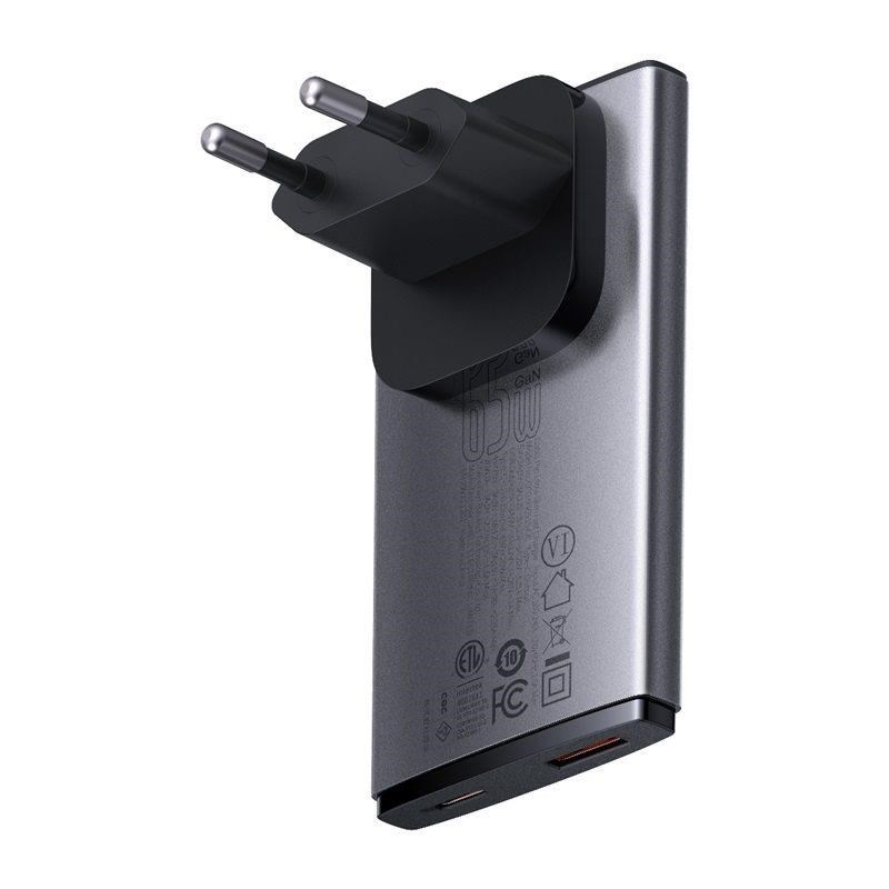 Baseus GAN5 Pro Ultratenký rychlonabíjecí adaptér USB-C + USB-A 65W, šedá 6932172618353