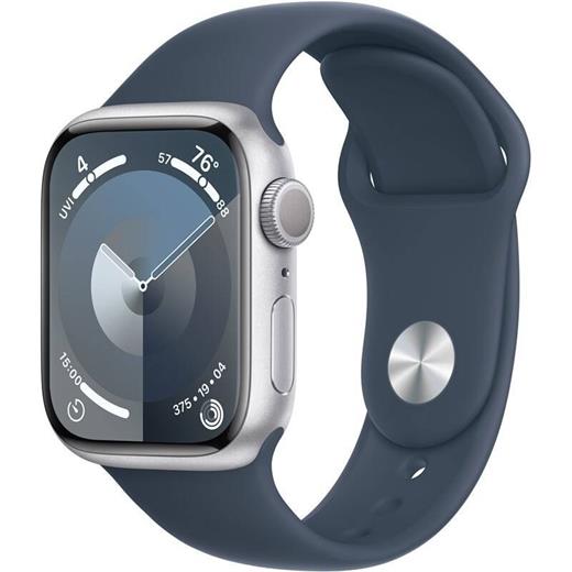 Apple Watch Series 9 GPS 45mm Silver Aluminium Case with Storm Blue Sport Band - S/M MR9D3QC/A