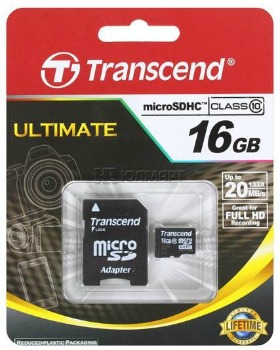 Transcend Micro SDHC - 16GB Class 10 + Adaptér TS16GUSDHC10