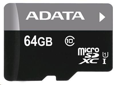 AData Micro SDXC - 64GB UHS-I Class 10 + SD adaptér, Premier AUSDX64GUICL10-RA1